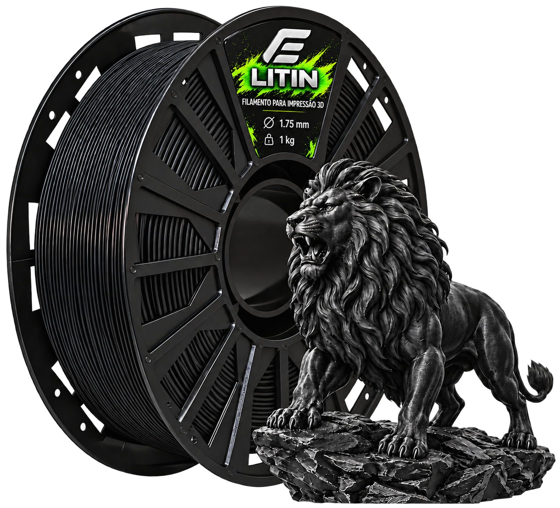 Filamento ELITIN 3D com imagem promocional do carretel e leão